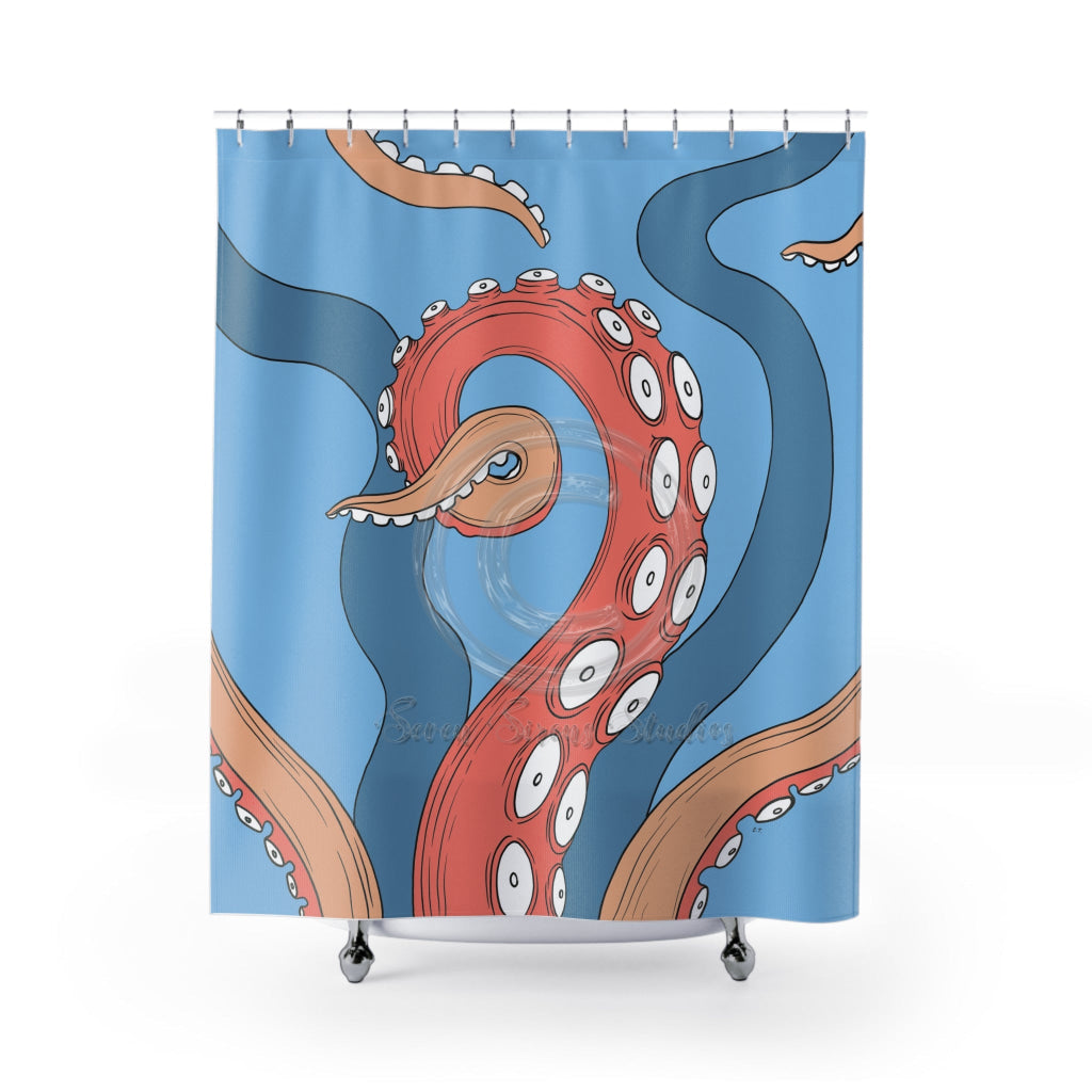 Duschvorhang Mit Oktopus-Motiv – Blaue Wellen, Roter Krake, Nautischer Look Für Badezimmer-Deko