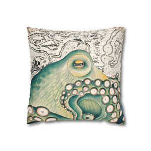 Green Octopus Kraken Vintage Map Art Spun Polyester Square Pillow Case Home Decor