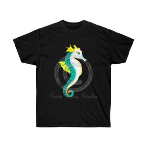 Seahorse Lady Teal Yellow Ink Art Dark Unisex Ultra Cotton Tee Black / S T-Shirt