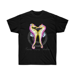 Seahorses Kiss Yellow Pink Watercolor Art Dark Unisex Ultra Cotton Tee Black / S T-Shirt