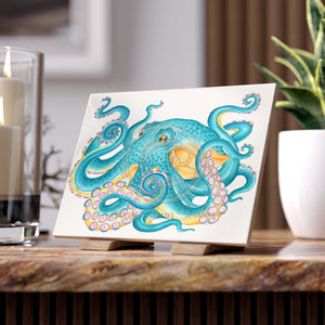Teal Green Octopus Kraken Watercolor Ink Art Ceramic Photo Tile 6 × 8 / Glossy Home Decor