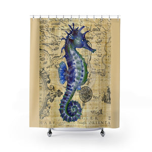 Blue Seahorse Vintage Map Beige Watercolor Art Shower Curtain 71 × 74 Home Decor