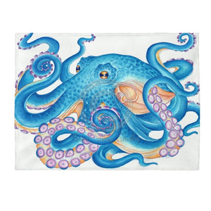 Blue Tentacles Octopus On White Watercolor Art Velveteen Plush Blanket 60 × 80 All Over Prints