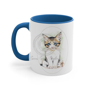 Cute Kitten Cat Cameo Watercolor On White Art Accent Coffee Mug 11Oz Blue /