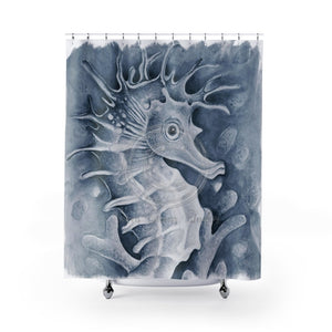 Cute Seahorse Monochrome Blue Watercolor Art Shower Curtain 71 × 74 Home Decor