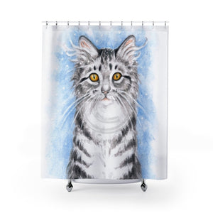 Cute Silver Tabby Cat Snow Watercolor Art Shower Curtain 71 × 74 Home Decor