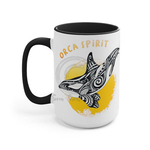 Orca Whale Tribal Yellow Spirit Ink Art Two-Tone Coffee Mugs 15Oz / Black Mug