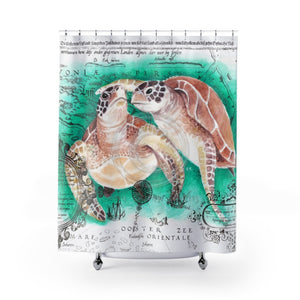 Sea Turtles Vintage Map Teal Watercolor Shower Curtain 71X74 Home Decor