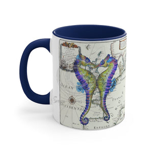 Seahorses Love Purple Vintage Map Nautical Accent Coffee Mug 11Oz Navy /