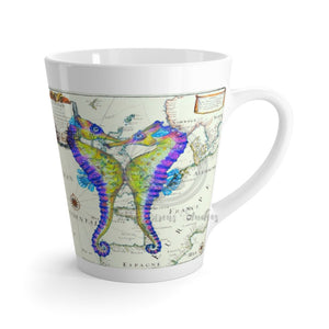 Seahorses Love Watercolor Vintage Map Art White Latte Mug 12Oz Mug