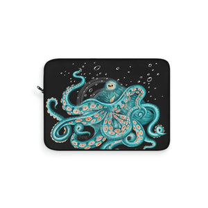 Teal Green Octopus Bubbles And The Sea Black Art Laptop Sleeve 15
