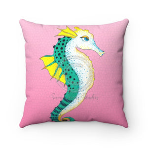 Teal Seahorse Pink Watercolor Square Pillow 14X14 Home Decor