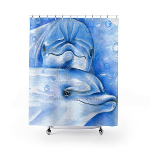 Two Cute Dolphins Blue Watercolor Art Shower Curtain 71 × 74 Home Decor