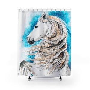 Andalusian Horse Watercolor Stallion Art Blue Shower Curtain 71X74 Home Decor