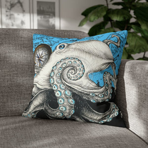Blue Black Octopus Kraken Compass Map Art Spun Polyester Square Pillow Case 20 × Home Decor