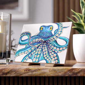 Blue Kraken Octopus Ink On White Art Ceramic Photo Tile 6 × 8 / Glossy Home Decor