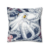 Blue Octopus Kraken Tentacles Ink Floral Rose Art Spun Polyester Square Pillow Case Home Decor