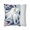 Blue Octopus Kraken Tentacles Ink Floral Rose Art Spun Polyester Square Pillow Case Home Decor