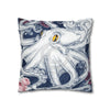 Blue Octopus Kraken Tentacles Ink Floral Rose Art Spun Polyester Square Pillow Case Home Decor