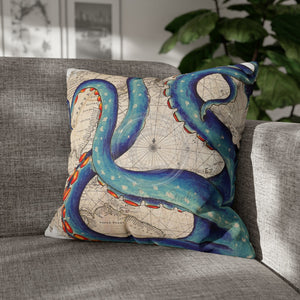 Blue Octopus Kraken Tentacles Ink Vintage Map Art Spun Polyester Square Pillow Case 20 × Home Decor