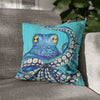 Blue Octopus Teal Wood Vintage Ink Art Spun Polyester Square Pillow Case 16 × Home Decor