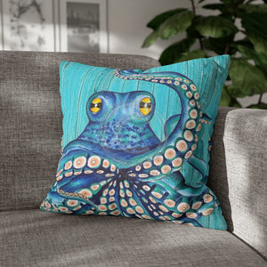 Blue Octopus Teal Wood Vintage Ink Art Spun Polyester Square Pillow Case 20 × Home Decor