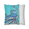 Blue Octopus Teal Wood Vintage Ink Art Spun Polyester Square Pillow Case Home Decor