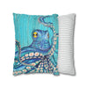 Blue Octopus Teal Wood Vintage Ink Art Spun Polyester Square Pillow Case Home Decor