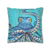 Blue Octopus Teal Wood Vintage Ink Art Spun Polyester Square Pillow Case Home Decor