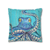 Blue Octopus Teal Wood Vintage Ink Art Spun Polyester Square Pillow Case Home Decor