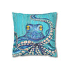 Blue Octopus Teal Wood Vintage Ink Art Spun Polyester Square Pillow Case Home Decor