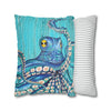 Blue Octopus Teal Wood Vintage Ink Art Spun Polyester Square Pillow Case Home Decor