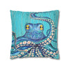 Blue Octopus Teal Wood Vintage Ink Art Spun Polyester Square Pillow Case Home Decor