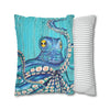 Blue Octopus Teal Wood Vintage Ink Art Spun Polyester Square Pillow Case Home Decor