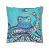 Blue Octopus Teal Wood Vintage Ink Art Spun Polyester Square Pillow Case Home Decor