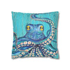 Blue Octopus Teal Wood Vintage Ink Art Spun Polyester Square Pillow Case Home Decor