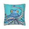 Blue Octopus Teal Wood Vintage Ink Art Spun Polyester Square Pillow Case Home Decor