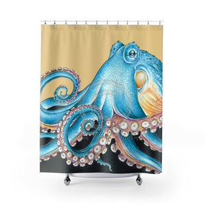 Blue Octopus Tentacles Yellow Black Ink Art Shower Curtain 71 × 74 Home Decor
