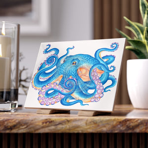 Blue Octopus Watercolor Art Ceramic Photo Tile 6 × 8 / Glossy Home Decor