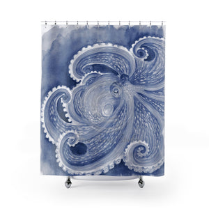 Blue Octopus Watercolor Art Shower Curtain 71’’ × 74’’ Home Decor
