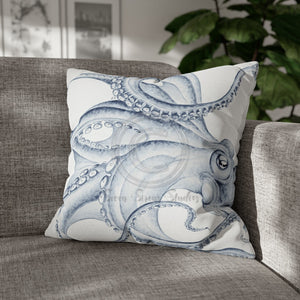 Blue Octopus White Ink Art Spun Polyester Square Pillow Case 20 × Home Decor