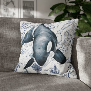 Blue Orca Whale Vintage Map Watercolor Art Spun Polyester Square Pillow Case 20 × Home Decor