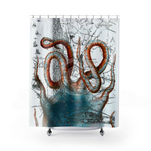 Blue Red Vintage Octopus Map Tentacles Shower Curtain 71X74 Home Decor