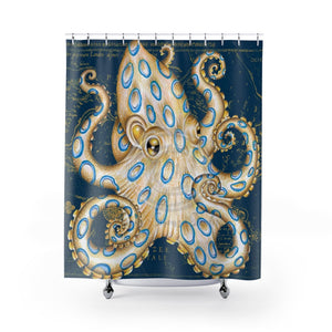 Blue Ring Octopus Tentacles Ink Art Vintage Map Shower Curtain 71 × 74 Home Decor