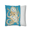 Blue Ring Octopus Turquoise Ink Art Spun Polyester Square Pillow Case Home Decor