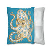 Blue Ring Octopus Turquoise Ink Art Spun Polyester Square Pillow Case Home Decor