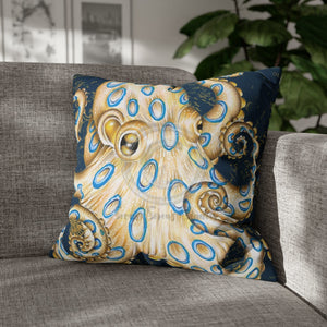 Blue Ring Octopus Vintage Map Ink Art Spun Polyester Square Pillow Case 20 × Home Decor