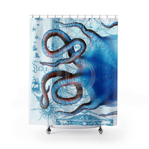 Blue Vintage Octopus Map Tentacles Shower Curtain 71X74 Home Decor