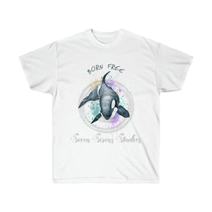 Born Free Orca Whale Color Splash Ink Watercolor Art Ultra Cotton Tee White / S T-Shirt