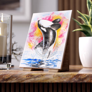 Breaching Orca Whale Luna Rainbow Watercolor Art Ceramic Photo Tile 6 × 8 / Glossy Home Decor